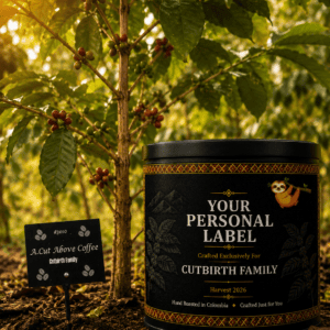 Branded coffee tin beside ripening coffee cherries