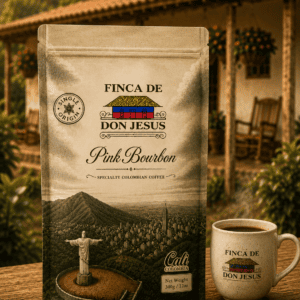 Bag and cup of Colombian Pink Bourbon coffee